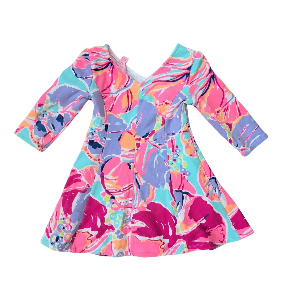 Lilly Pulitzer Girls XS 2-3 Pink Blue Floral 3/4 Sleeve Fit & Flare Dress Preppy